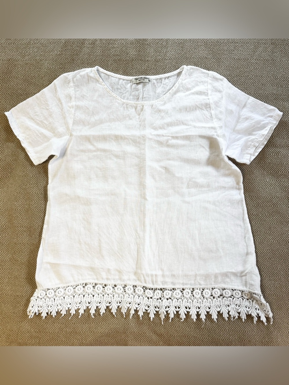 Terzo Millennio White Linen Short-Sleeve Top Crochet Hem Size Medium